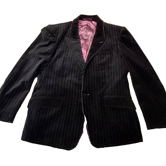 7 Diamonds Men's Vintage Distressed Black Velvet Pinstriped Jacket; Size 42 - Picture 1 of 10